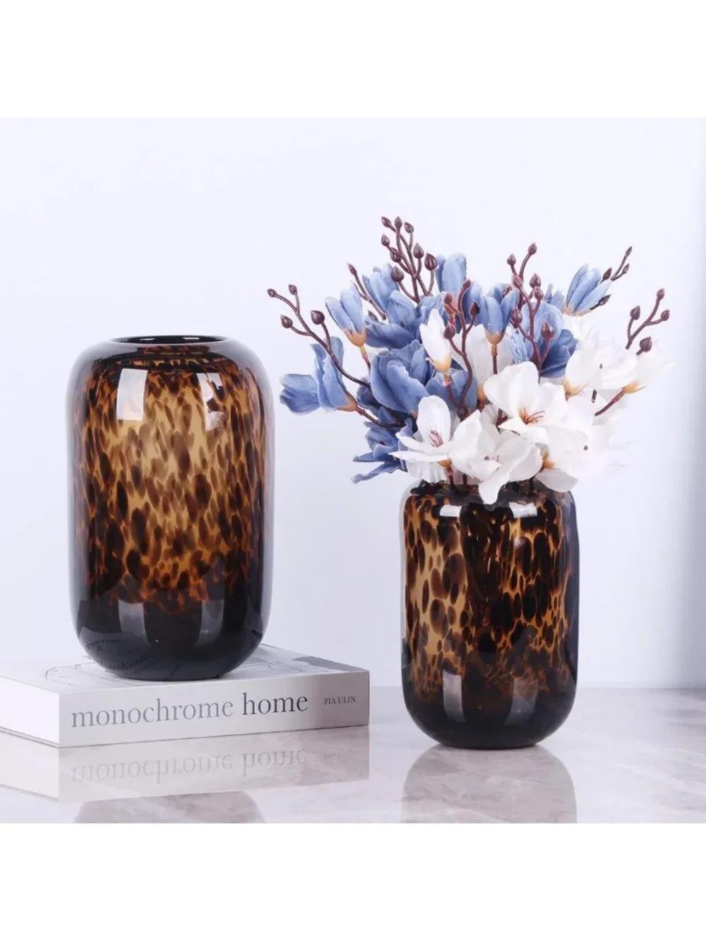 Hand Blown Amber Brown Glass Vase - Tortoise Shell Pattern, Decorative
